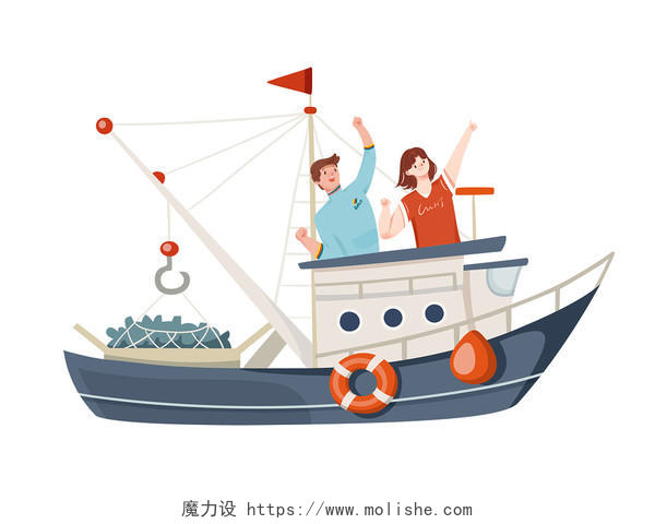 扁平卡通中国航海日人物船素材